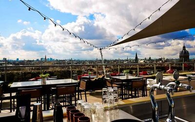 Beautiful outdoor terrace overlooking the city at the DoubleTree by Hilton Amsterdam Centraal Station.