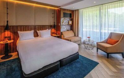 King guestroom with windows at the DoubleTree by Hilton Royal Parc Soestduinen.