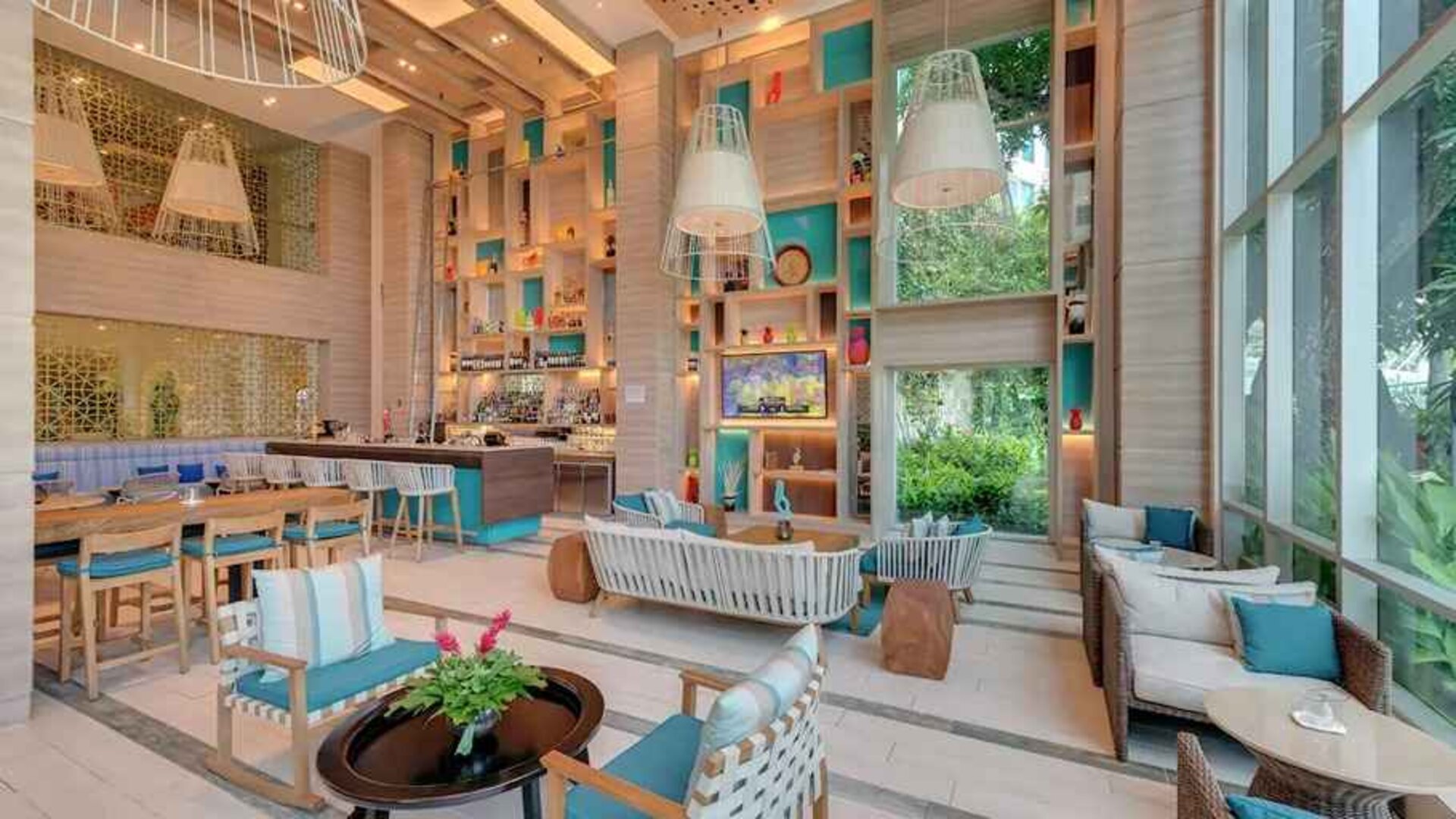 comfortable lobby and coworking space at Hilton Cartagena Hotel.