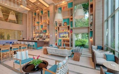 comfortable lobby and coworking space at Hilton Cartagena Hotel.