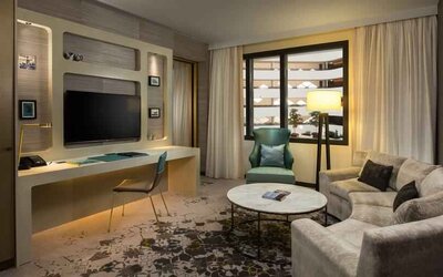 Comfortable living room suitable as workspace at the Hilton Amsterdam Airport Schiphol.