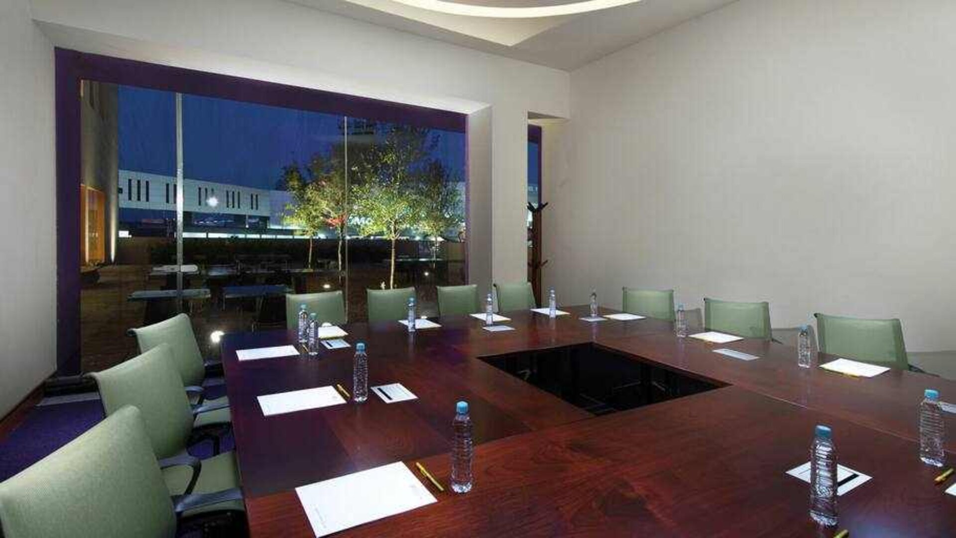 Meeting boardroom with square table at the Hilton Garden Inn Monterrey Airport, Nuevo Leon, Mexico.
