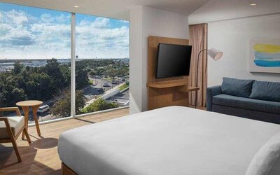 Queen room with view at the Hilton Garden Inn Cancun Airport.