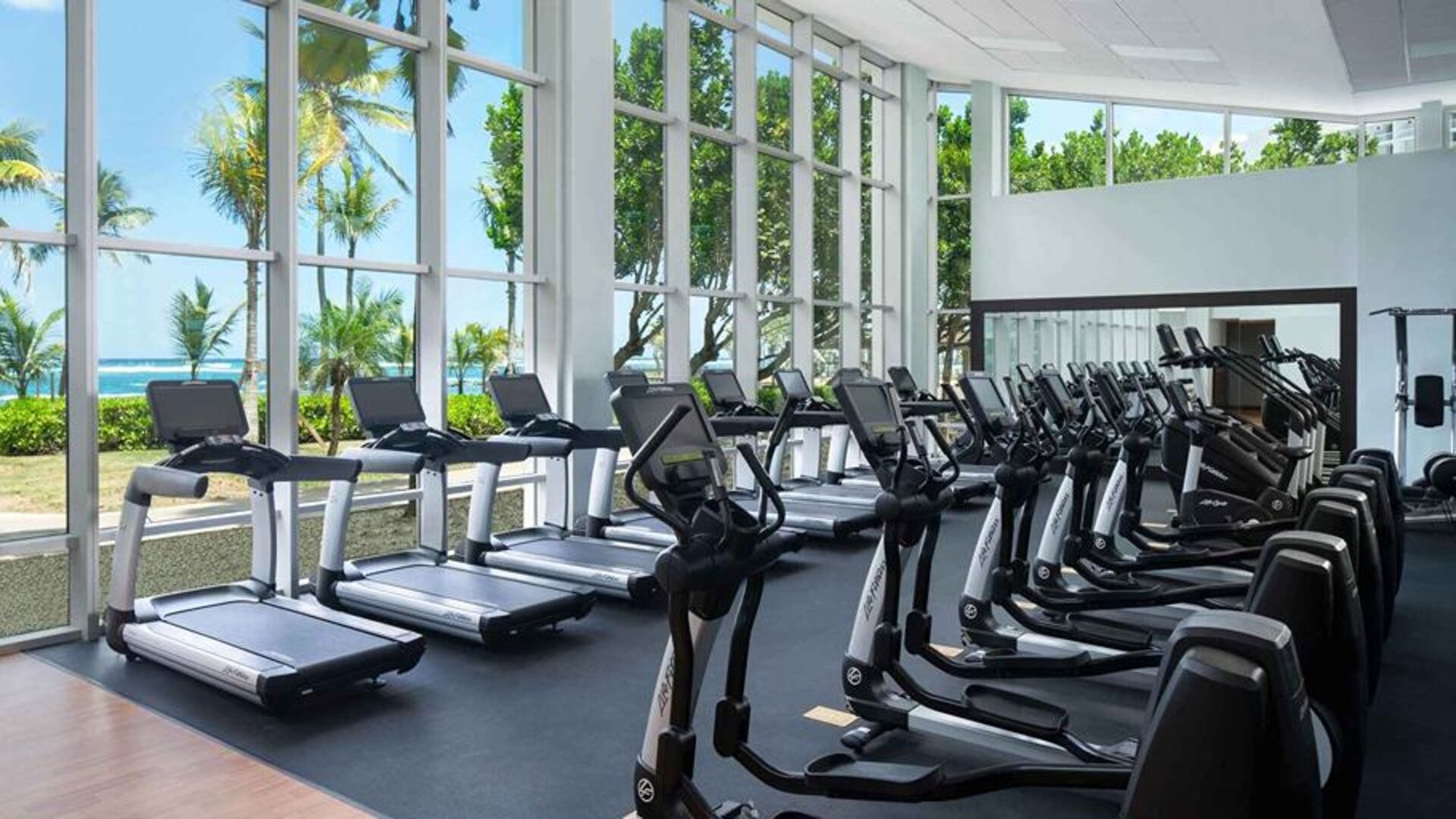 Fitness center overlooking the sea at the Caribe Hilton.