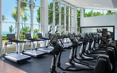 Fitness center overlooking the sea at the Caribe Hilton.