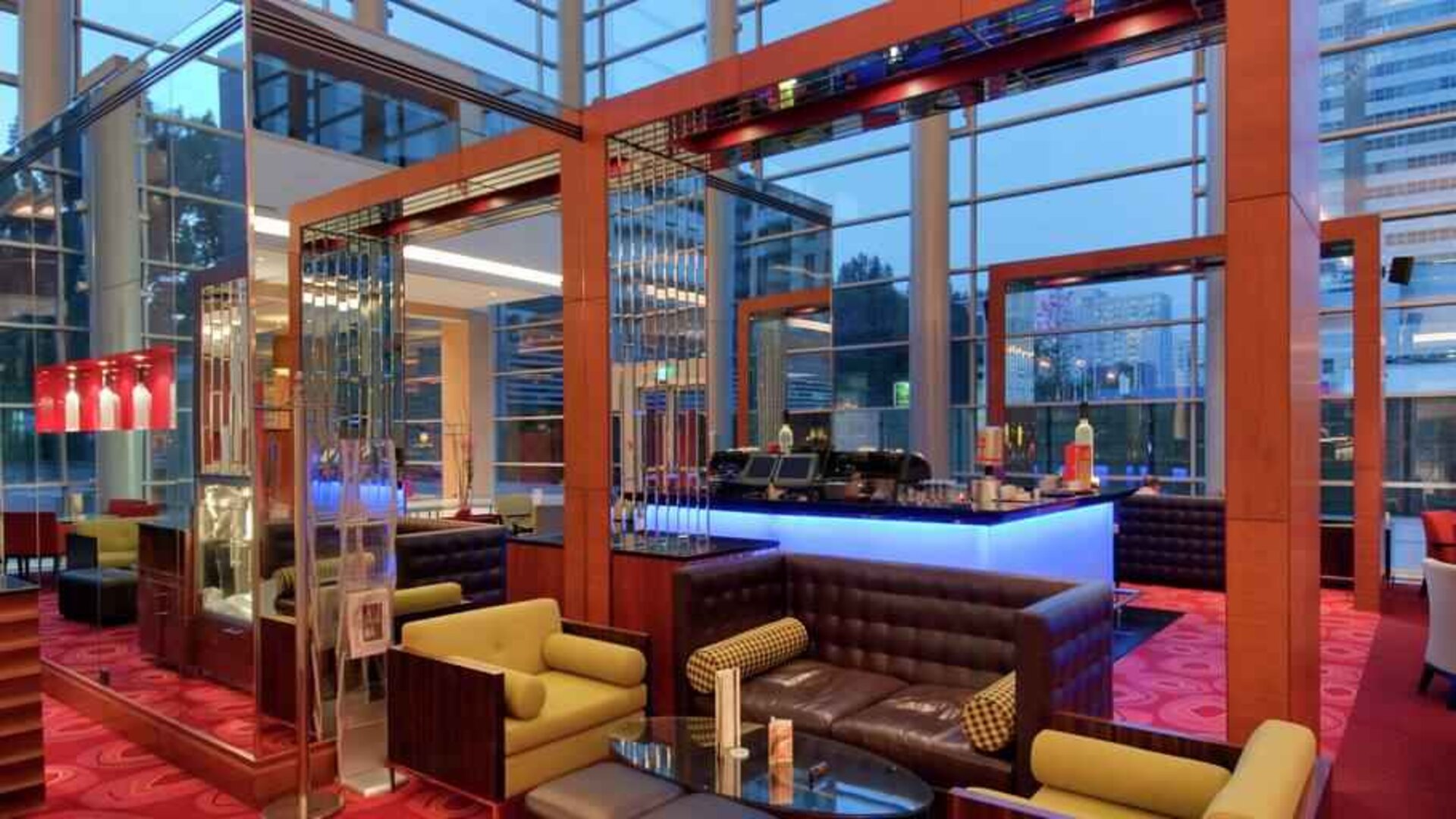 Elegant lobby workspace at the Hilton Warsaw City.