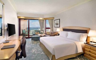 King bedroom with working station at the Jeddah Hilton.