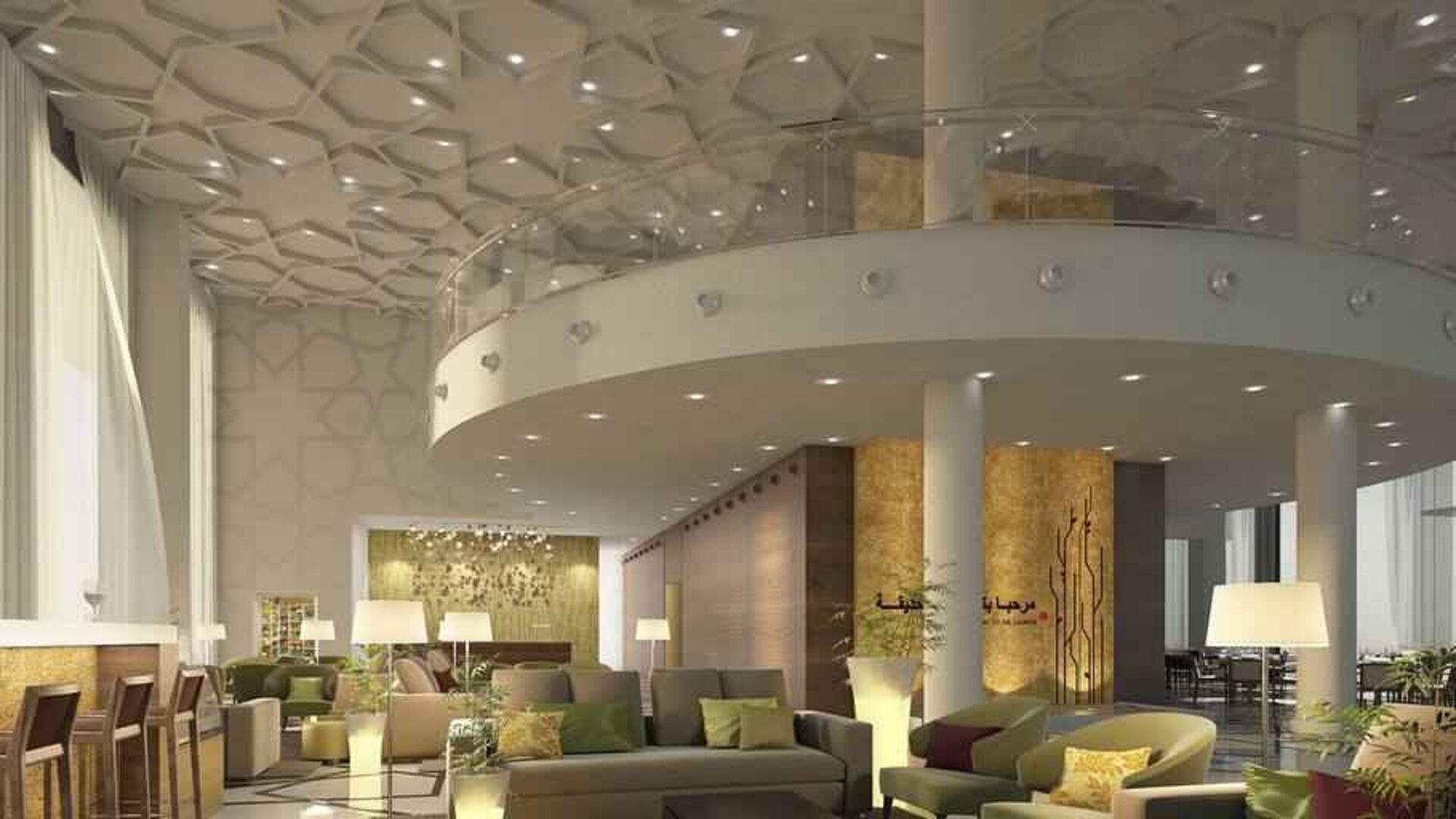 Spacious hotel lobby perfect as workspace at the Hilton Garden Inn Al Jubail.