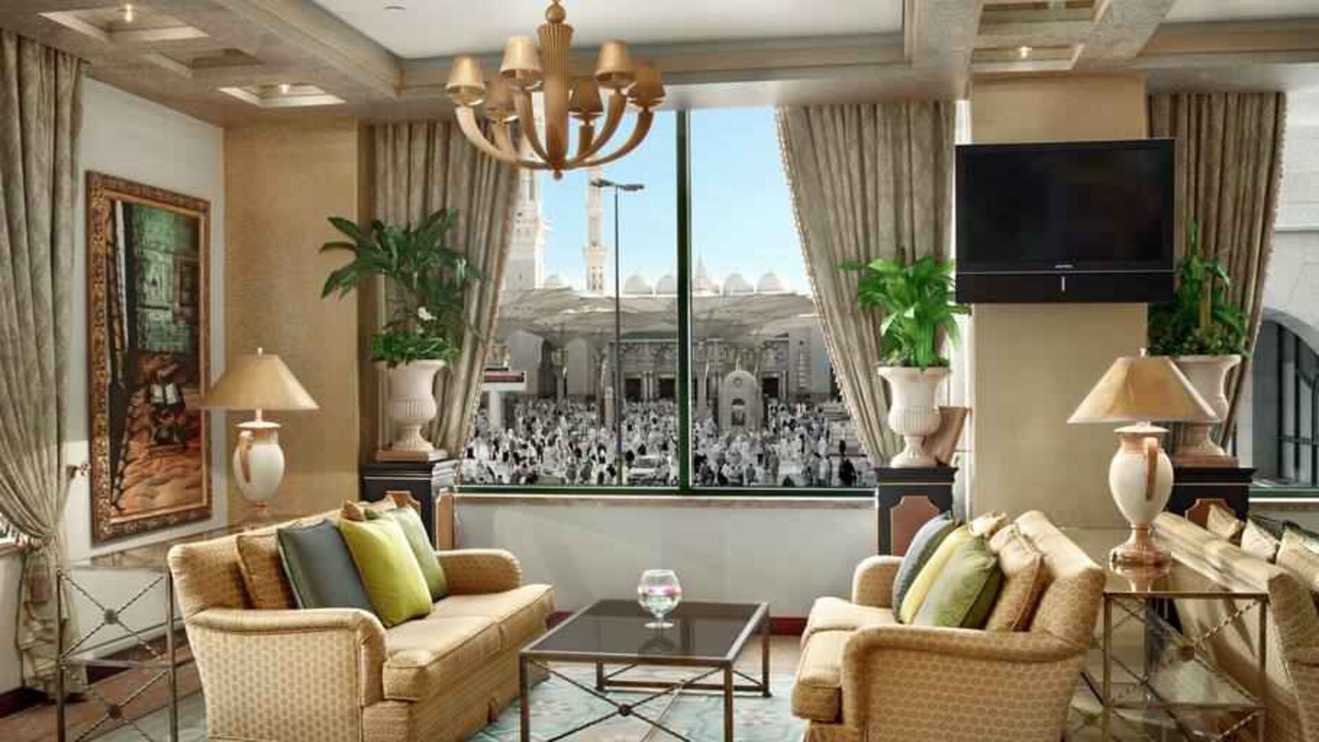 Hotel workspace overlooking the mosque at the Madinah Hilton Hotel.