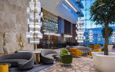 comfortable lobby and lounge area ideal for coworking at Hilton Astana.