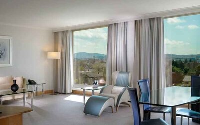 Bright living room at the Hilton Zurich Airport.