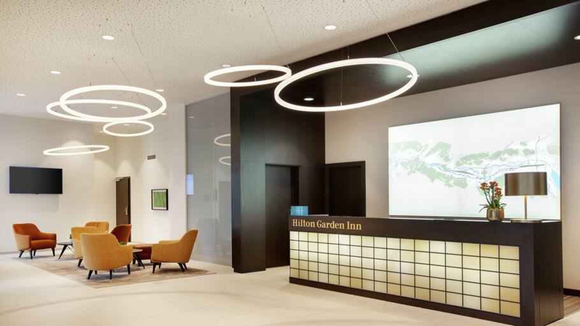 Lobby workspace at the Hilton Garden Inn Zurich Limmattal.