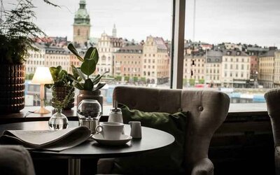 Working station overlooking the city at the Hilton Stockholm Slussen.