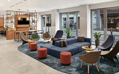 comfortable and spacious lobby and coworking space at Hilton Garden Inn Riga Old Town.