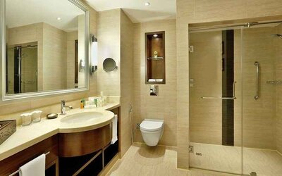 clean and spacious guest bathroom with shower at Hilton Alexandria King's Ranch.