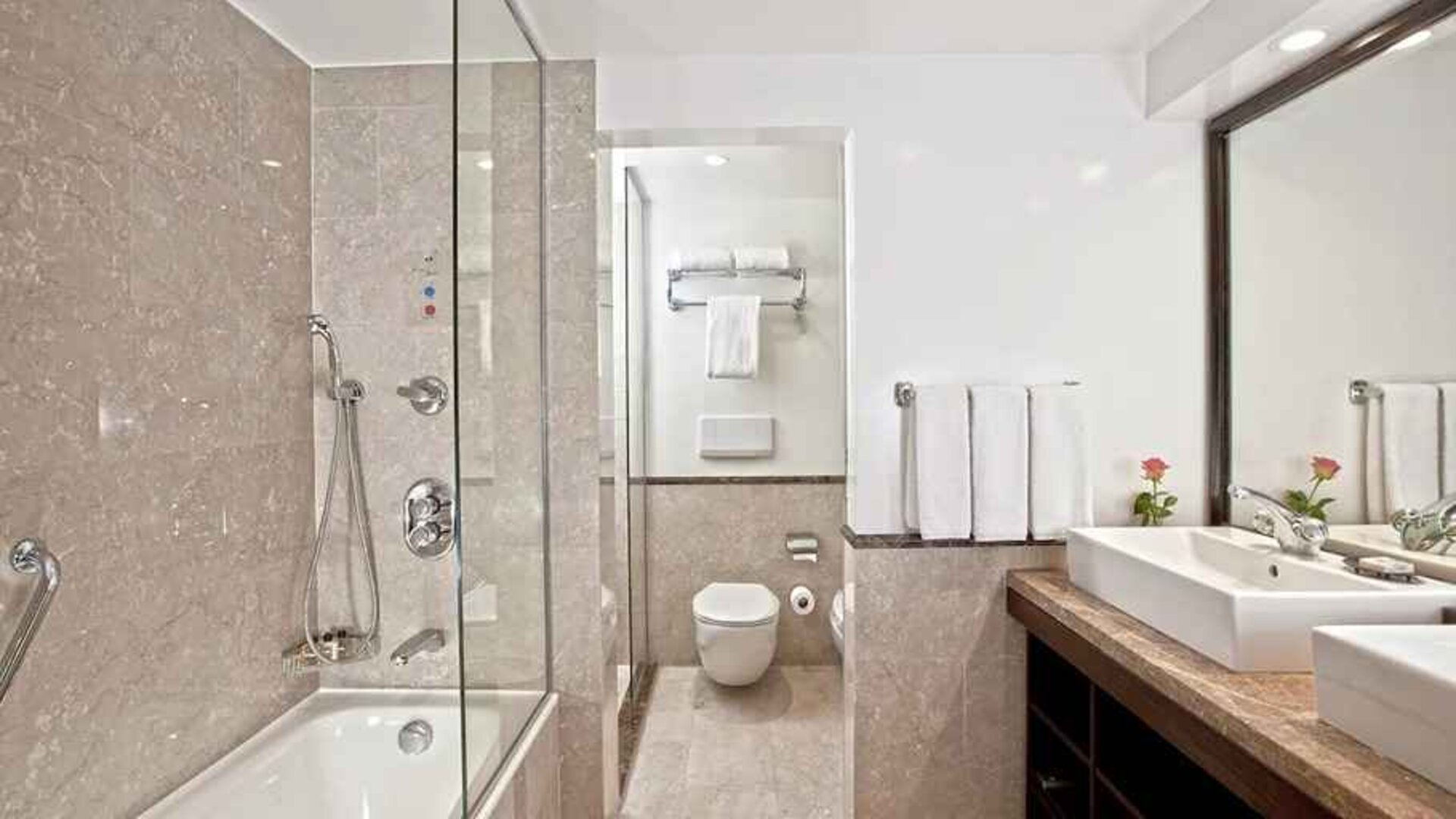 clean and spacious king bathroom with shower and bath at Hilton Cairo Heliopolis.