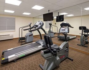 Fitness center equipped with cardio machines and mirrored walls, providing guests with a convenient space to maintain their workout routine during their stay.