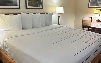 Comfortable guest room featuring a king-size bed, work desk, and modern amenities designed for a restful and productive stay.