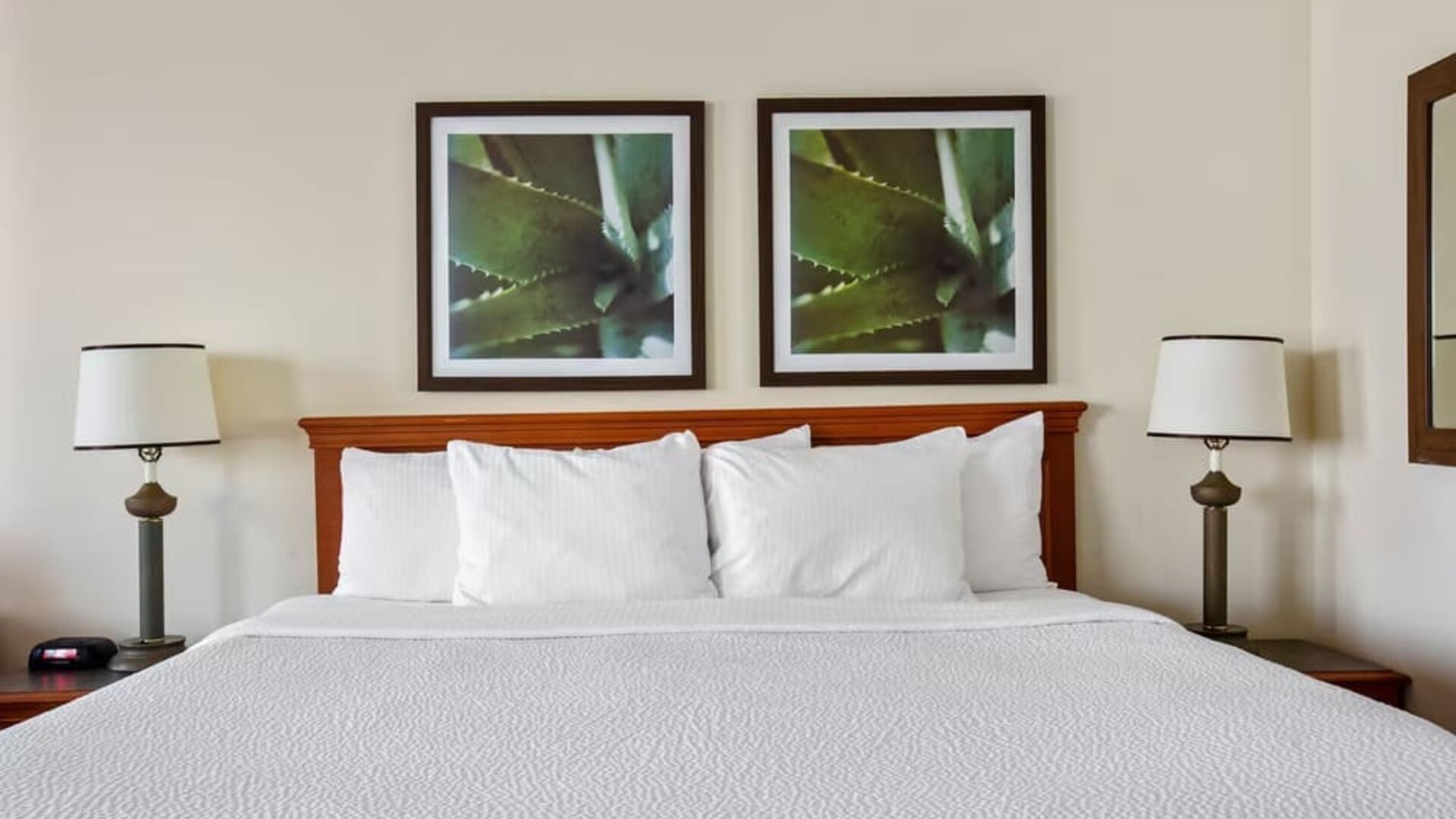 King guest room featuring a plush bed, bedside lighting, and nature-inspired artwork, creating a welcoming and restful atmosphere for a comfortable stay.