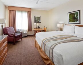 Spacious king room with natural light, comfortable seating, a work area, and modern amenities, offering guests a relaxing space to unwind after a busy day.