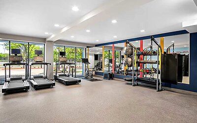 Fitness center with treadmills and other equipment. 