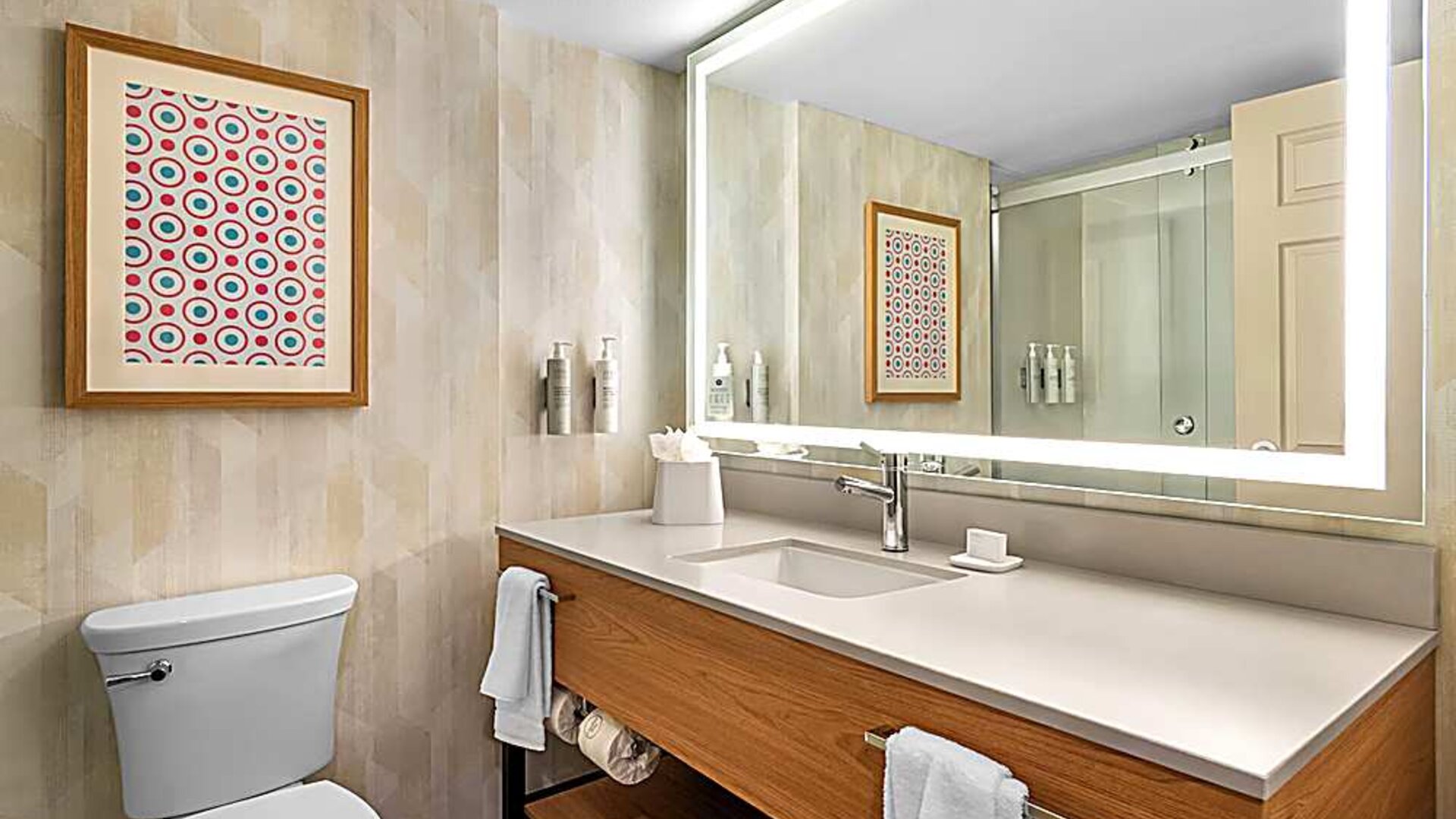Guest bathroom with shower and toilet. 