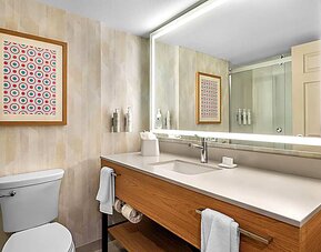 Guest bathroom with shower and toilet. 