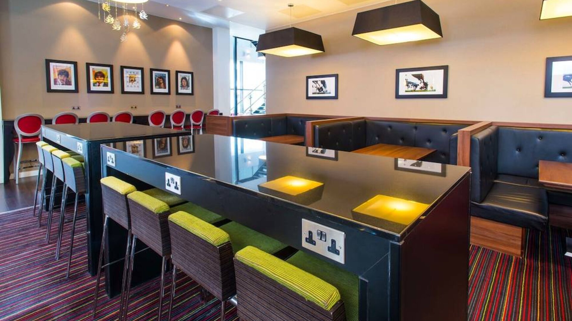 Coworking space with places to charge laptops and other devices. 