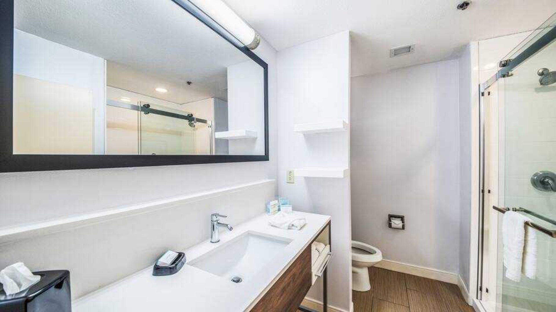 Guest bathroom at the Hampton Inn Greenfield.