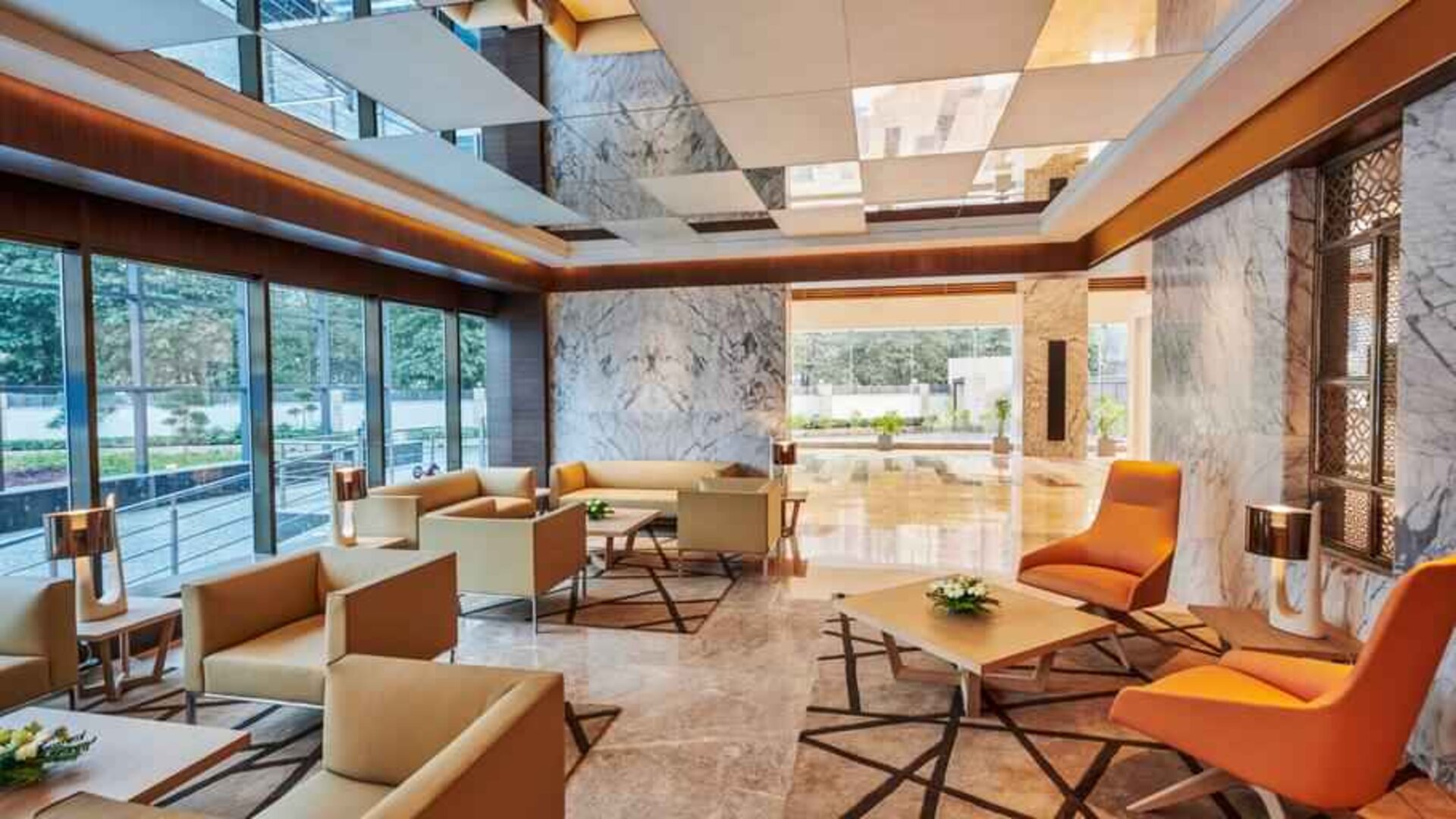 Comfortable lobby workspace at the Hilton Garden Inn Lucknow.