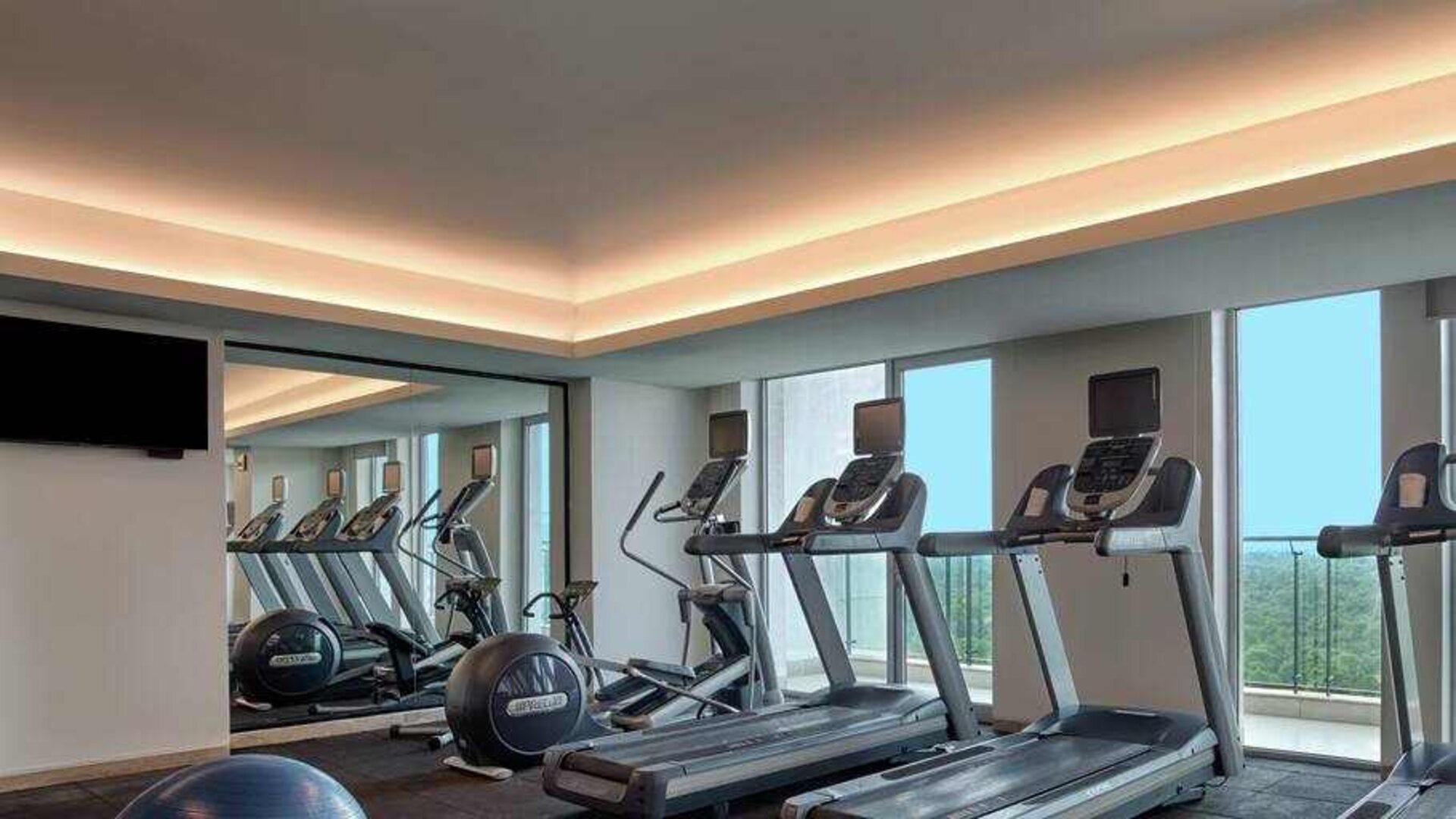 Fitness center at the DoubleTree Suites by Hilton Bangalore.