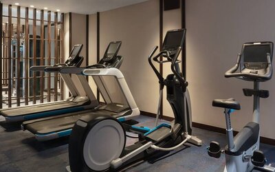 Gym with treadmills at the Hilton Goa Resort.