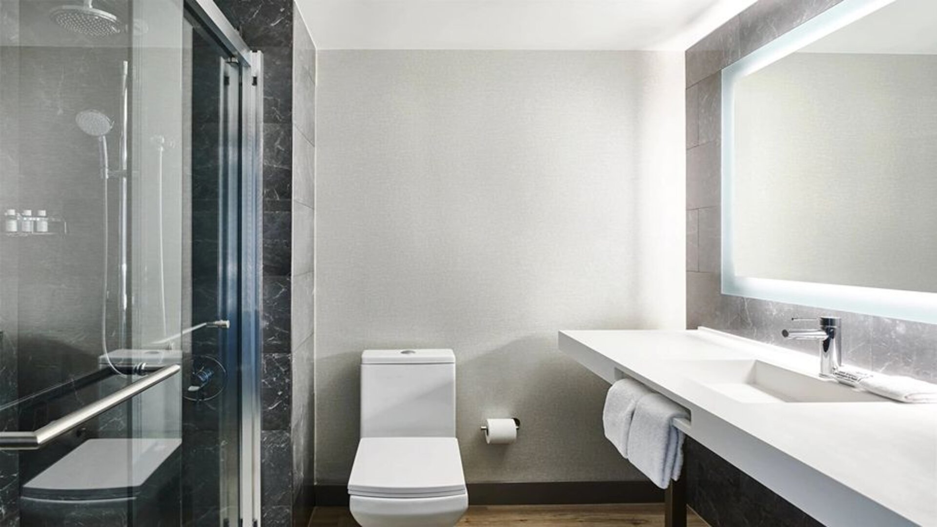 Guest bathroom at the AC Hotel By Marriott Pleasanton.