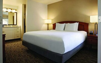 Hotel bedroom at the Hyatt House Pleasanton.