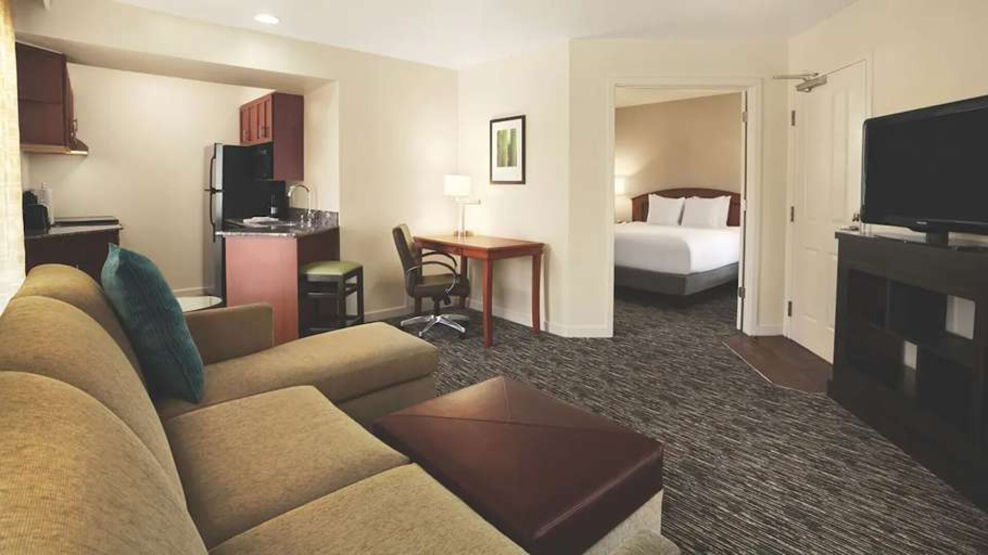 Living room in a hotel suite at the Hyatt House Pleasanton.