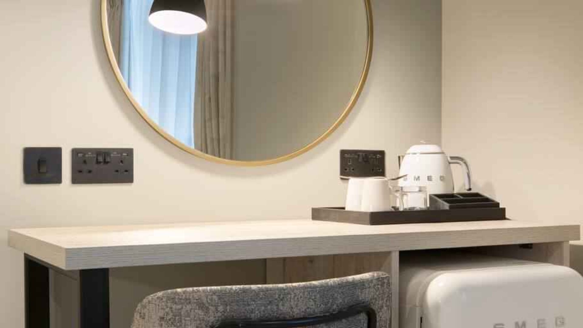 Working station in a hotel room at the Hilton Garden Inn Peterborough City Centre.