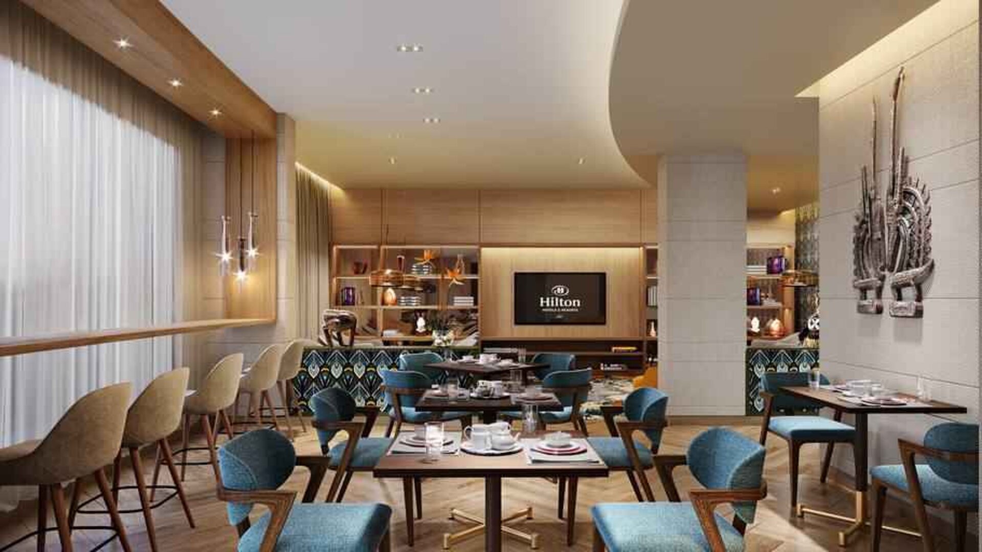 Seating area suitable for co-working at the Hilton Kinshasa.