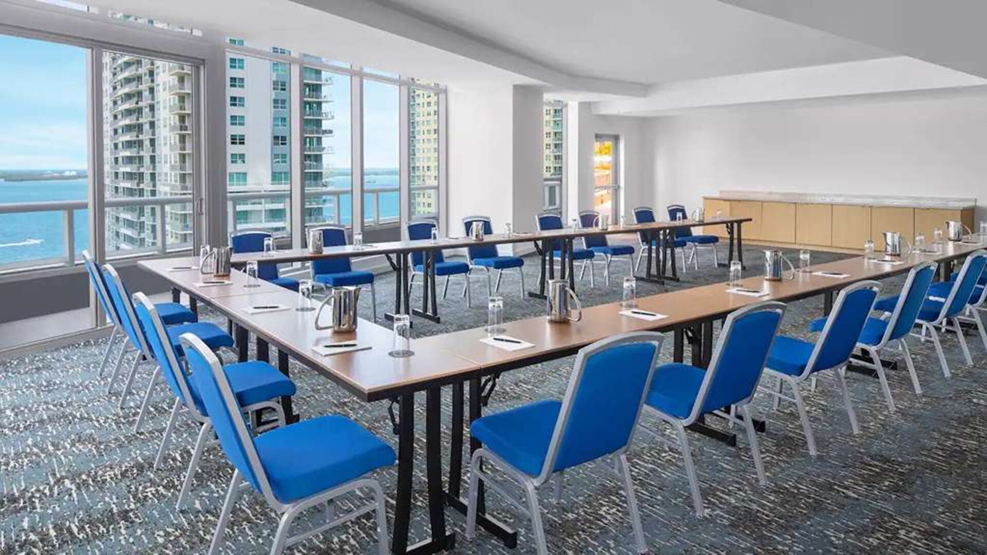 Meeting room with u shape table and view at Hyatt Centric Brickell Miami.