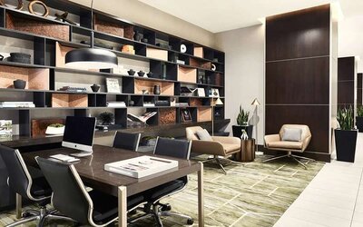 Business center with computers at AC Hotel By Marriott Beverly Hills.