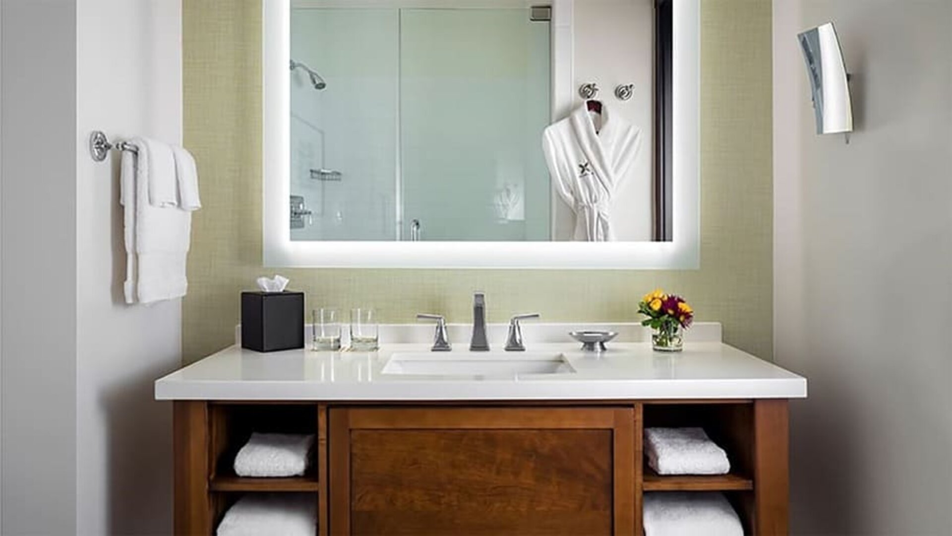 Guest bathroom with shower at The Ambrose Hotel Santa Monica.