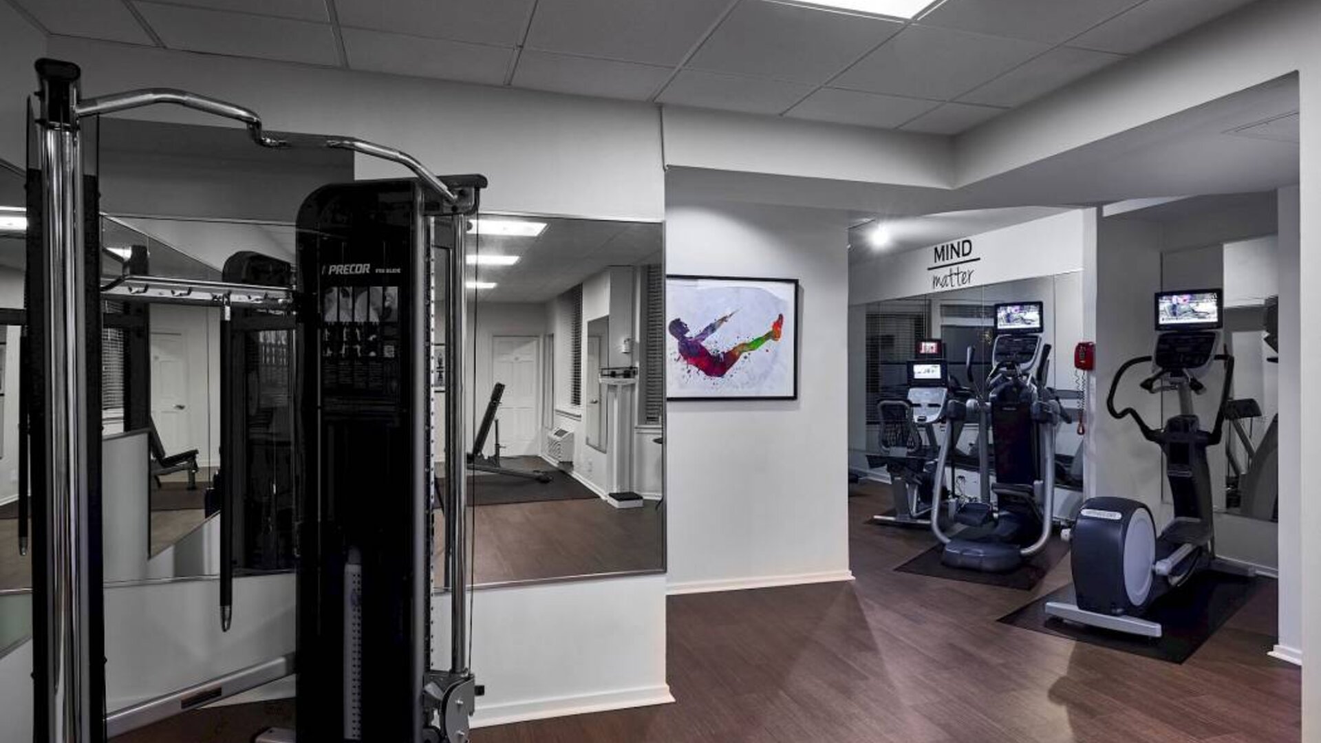 Claridge House’s fitness center has a variety of exercise equipment for guests to use.