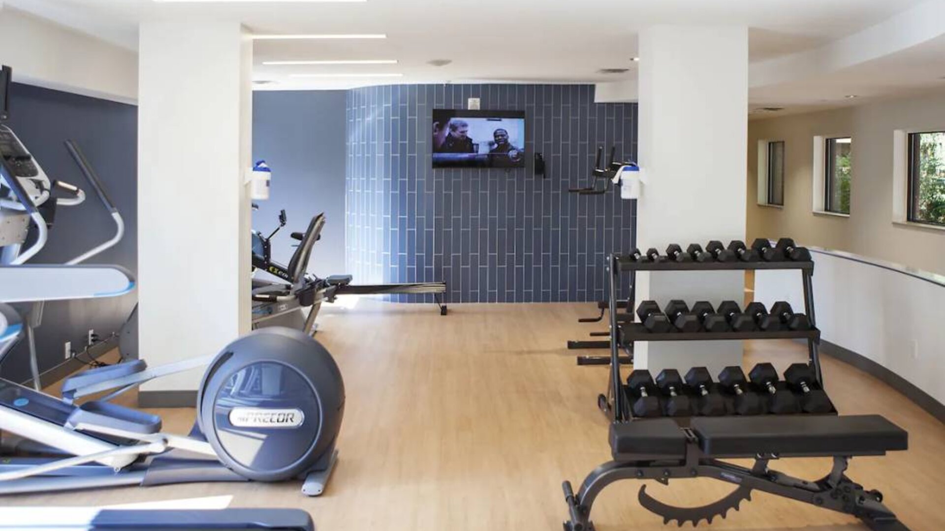Weights and exercise machines can be used in the hotel’s fitness center.