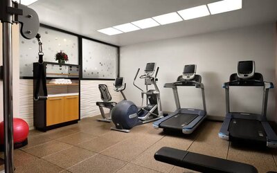 The hotel’s fitness center, equipped with a range of exercise machines.