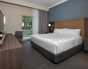 Guest room in Holiday Inn Kingston Waterfront, with double bed and a desk and chair for working.