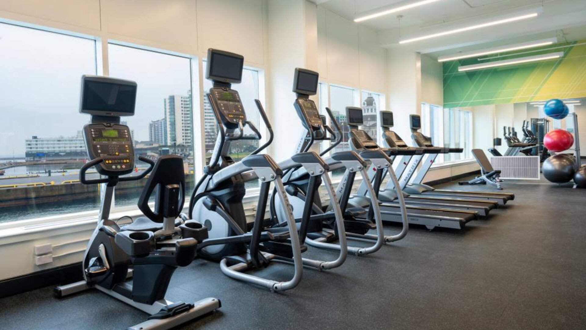 The hotel’s fitness center offers an assortment of exercise equipment.