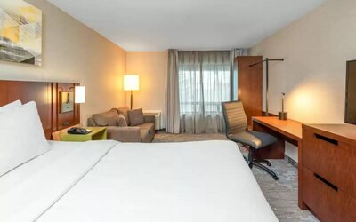 Comfort Inn Winnipeg Airport double bed guest room with workspace desk and chair.