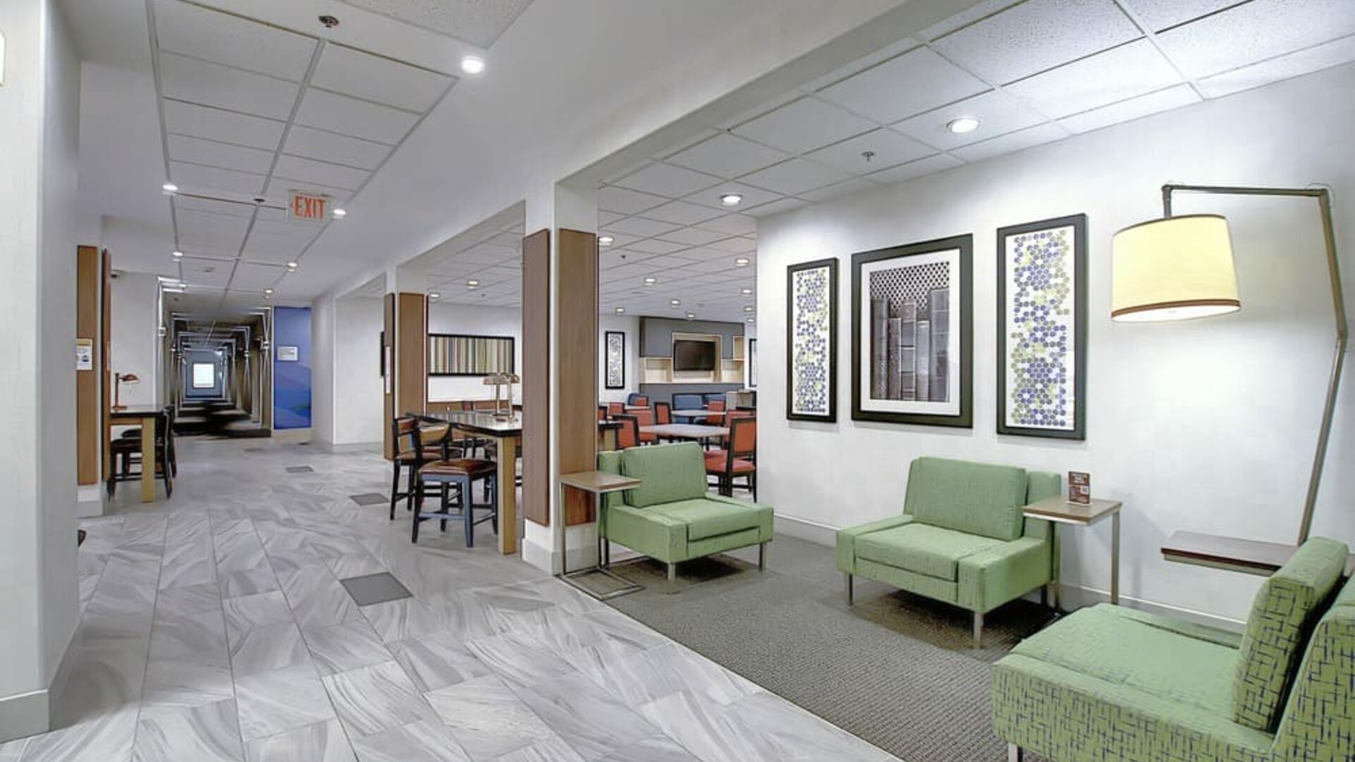 Comfortable lobby and coworking space at Holiday Inn Express & Suites Airport-Calgary.