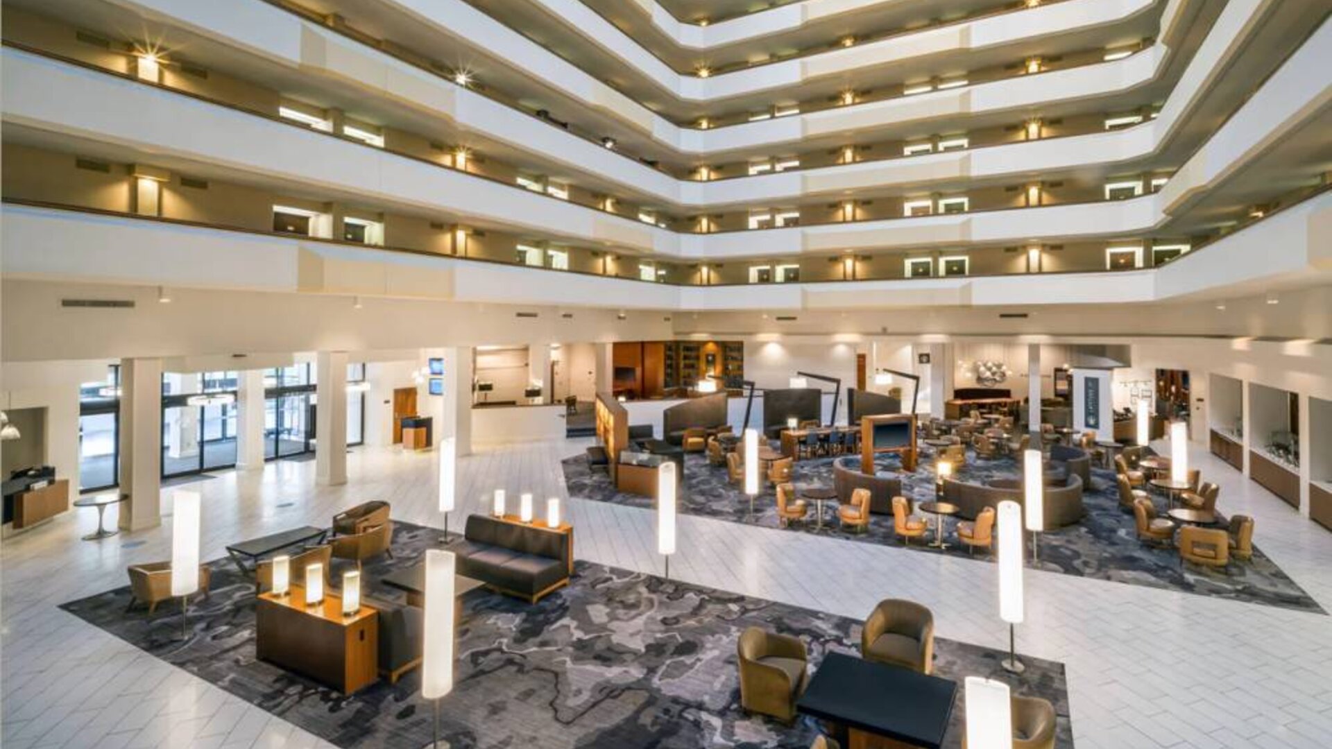 Lobby and coworking lounge at Houston Marriott South At Hobby Airport.
