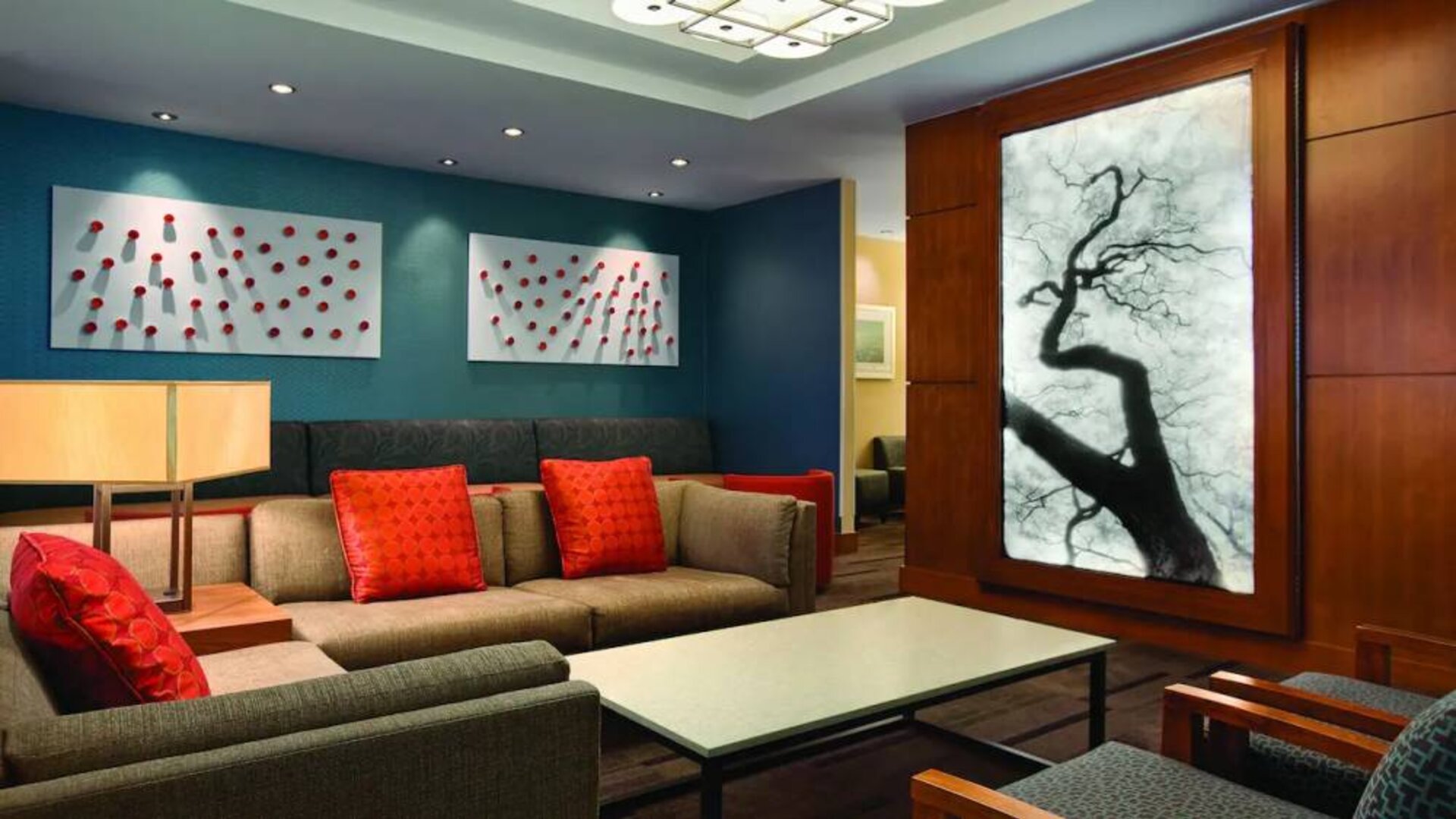 Lobby and coworking lounge at Hyatt Place San Jose Downtown.