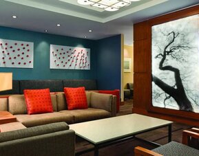 Lobby and coworking lounge at Hyatt Place San Jose Downtown.